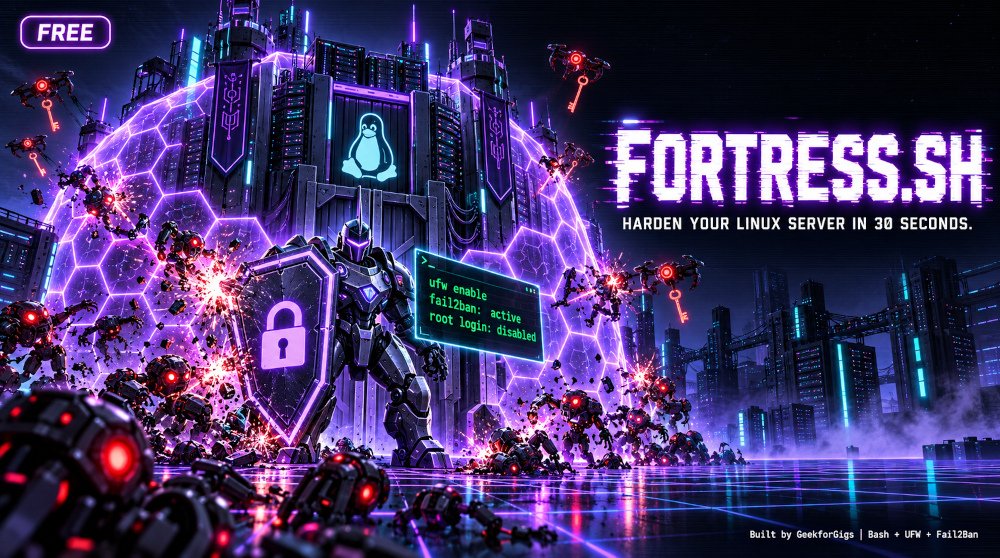 Fortress.sh — One-click Bash script to harden Ubuntu servers. Configures UFW Firewall, Fail2Ban and disables root login.